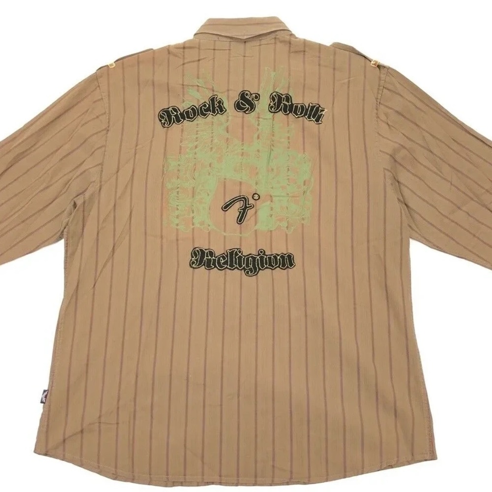 Fender Rock & Roll Religion Men’s Button Shirt Brown Flip Cuffs Epaulets Size L